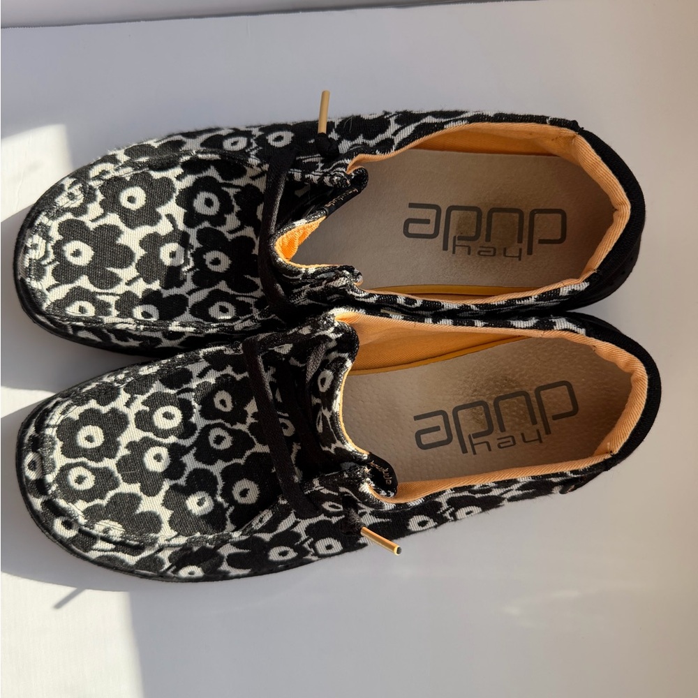Hey Dude Black and White Floral Moccasins